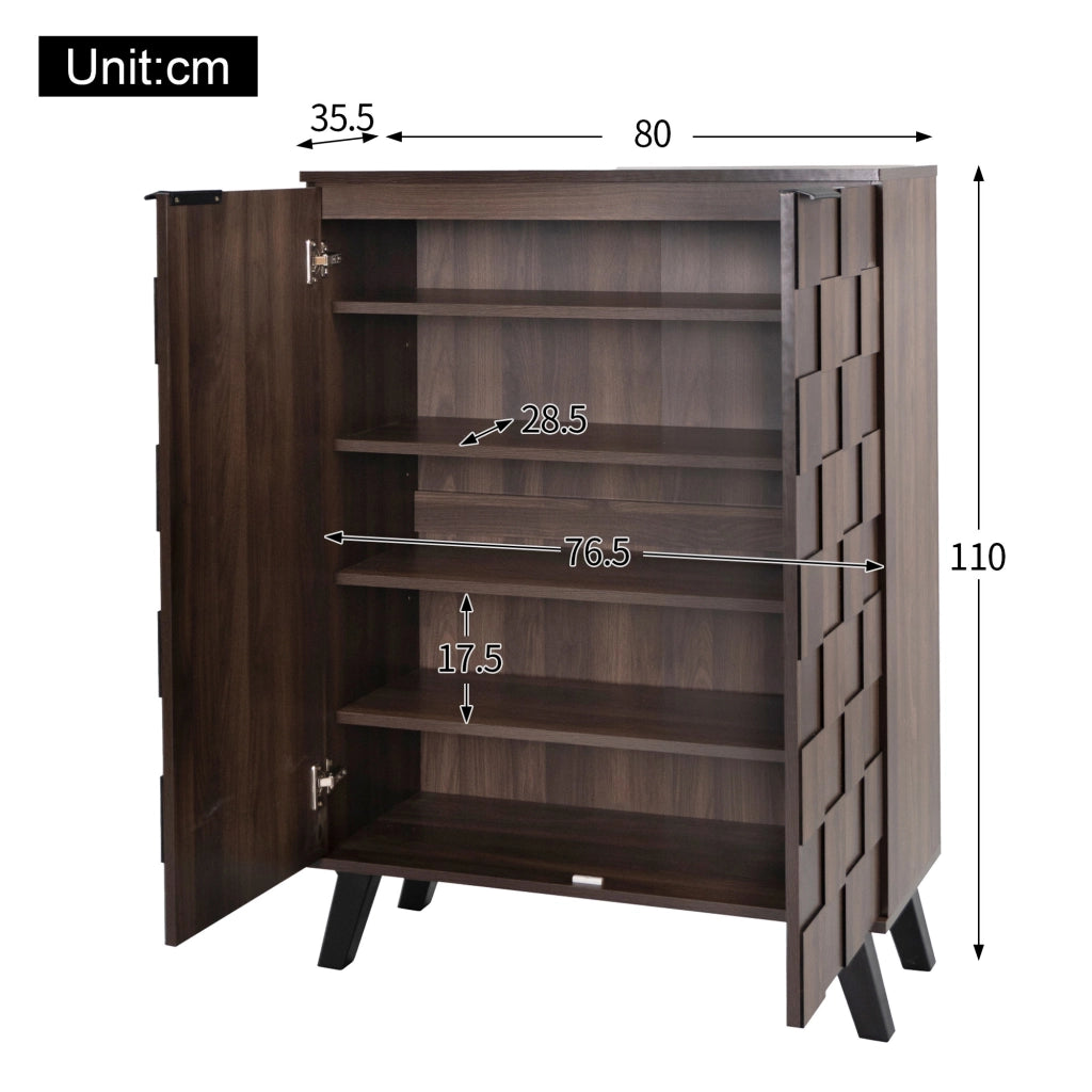 Scarpiera con 4 ripiani regolabili e 5 livelli, ante ammortizzate, per ingresso, legno scuro, 80 × 35,5 × 110 cm