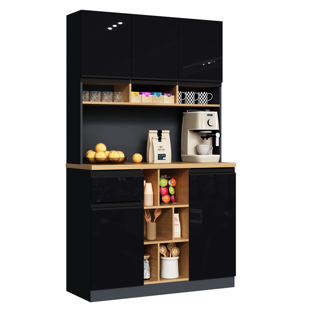 Mobile buffet da cucina con ripiani regolabili e cassetto; nero e naturale