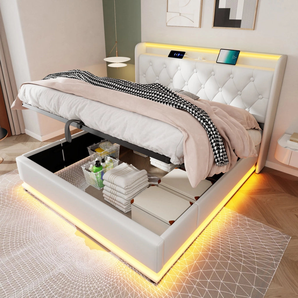 Letto contenitore matrimoniale 160×200 cm con LED, USB Type-C e testiera imbottita, materasso incluso, bianco PU
