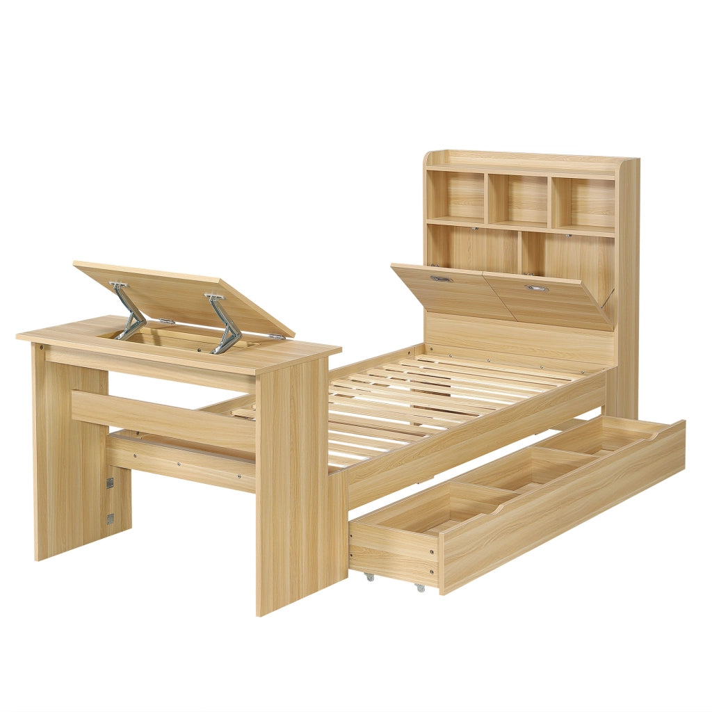Letto singolo ULEVR 90x200 cm con cassetto, ripiano testiera e tavolo pieghevole regolabile, rovere naturale
