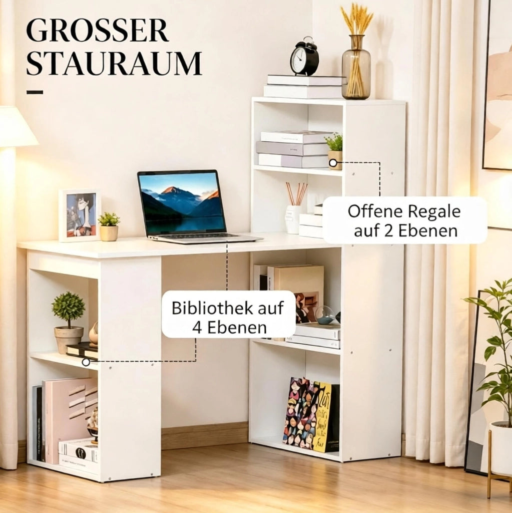 Scrivania bianca in truciolato con libreria integrata, 120x55x120 cm, design moderno e versatile