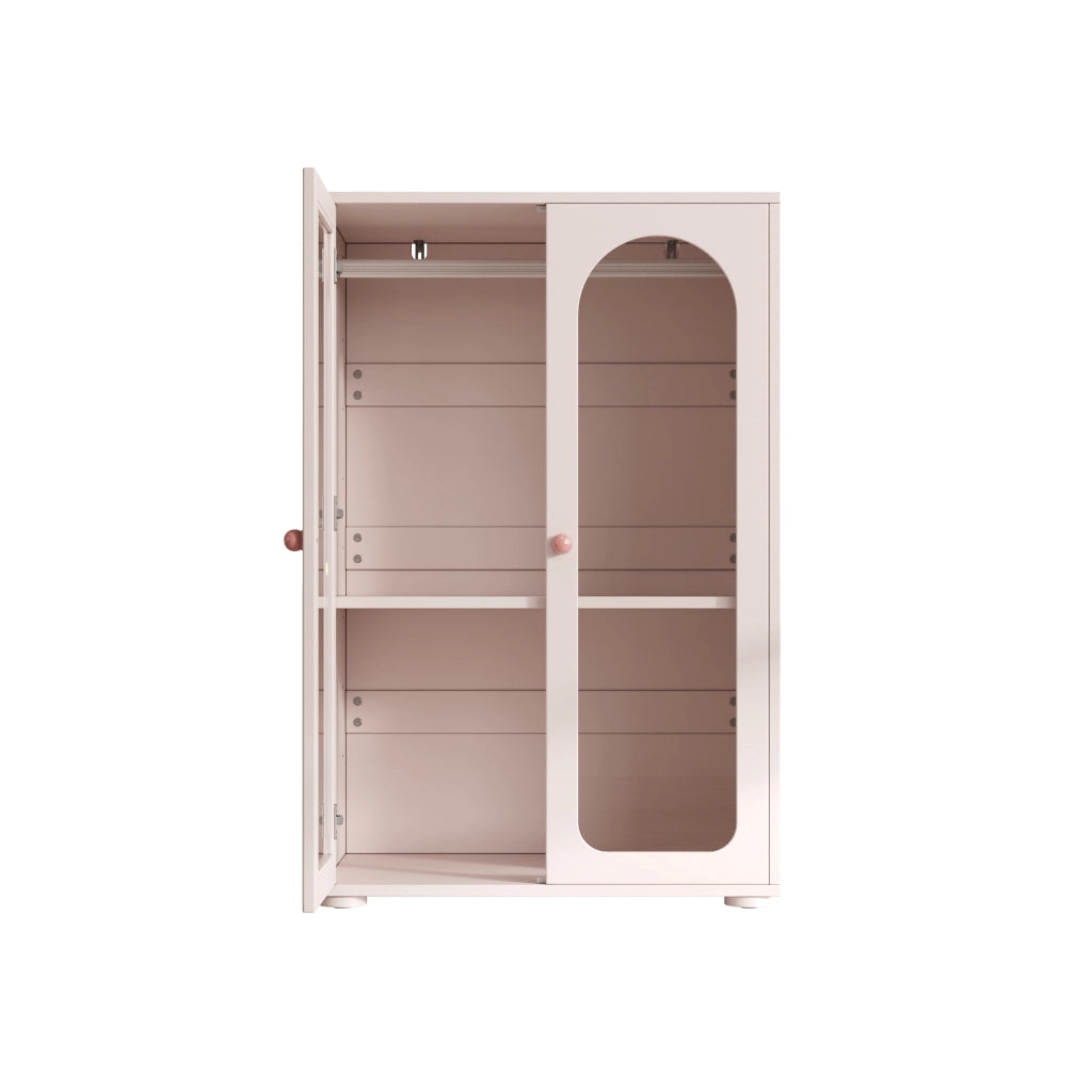 Armadio per cameretta con 2 ante trasparenti, ripiani regolabili e asta appendiabiti, MDF rosa bebè, 80 × 50 × 120 cm