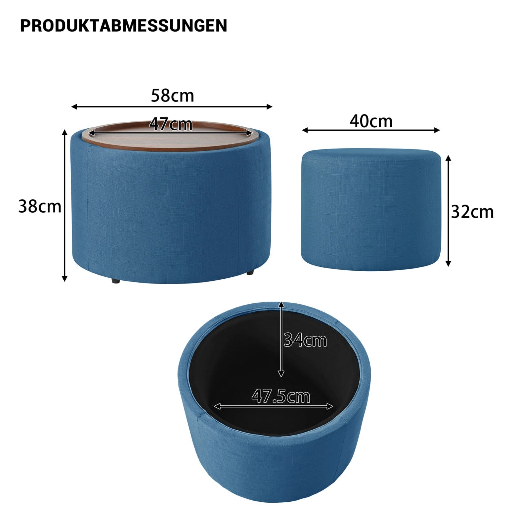 Set di 2 Pouf Nesting con Contenitore, Rivestimento in Lino Blu e Vassoio in Legno, Tavolino e Panca tonda Ø 58 cm