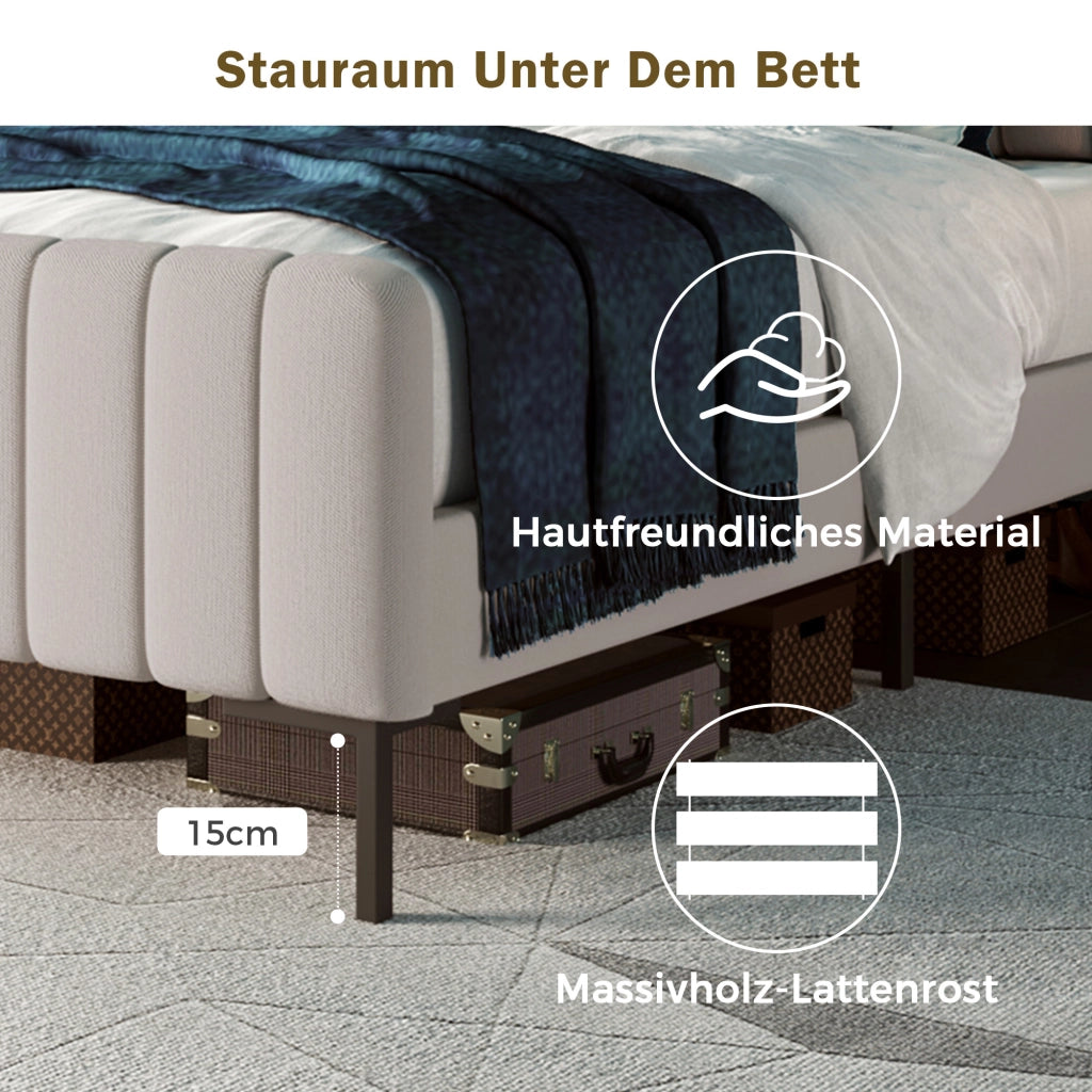 Letto imbottito 90 x 190 cm; letto singolo con rete a doghe; testiera regolabile; struttura in legno; rivestimento in lino; grigio-beige chiaro