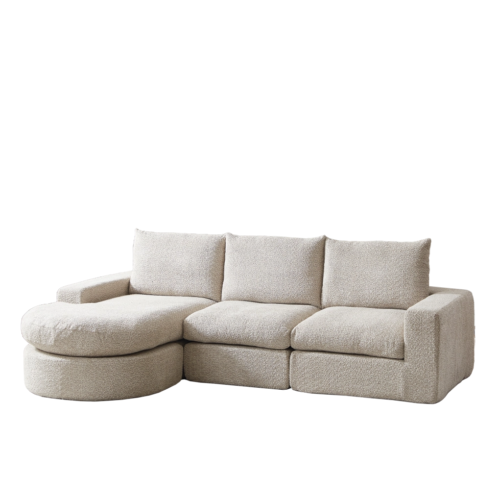 Divano modulare Chenille con chaise longue reversibile e supporto in ferro, schiuma ad alta densità, senza telaio