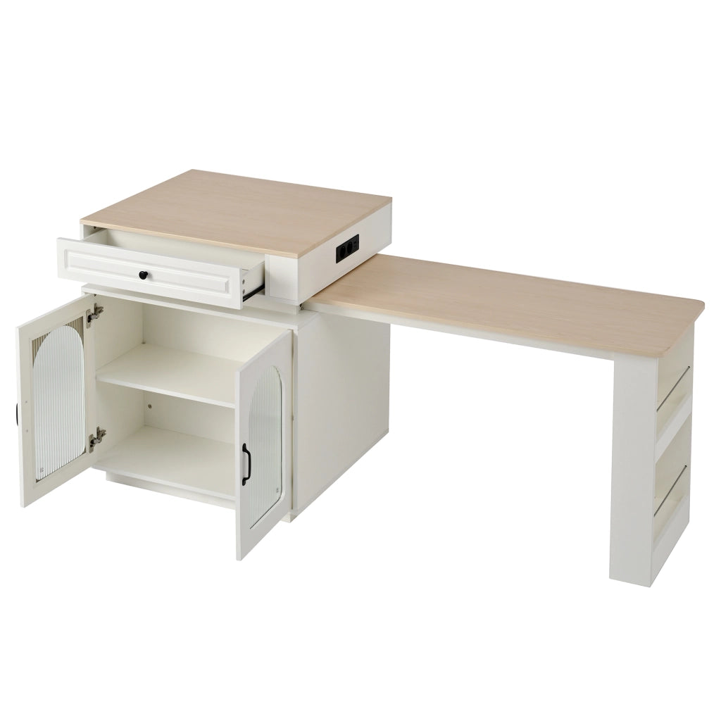 Isola Cucina con Ruote e Tavolo da Pranzo Allungabile; Tavolo Bar con Prese Elettriche; LED a 5 Colori; 128-200 cm; Bianco