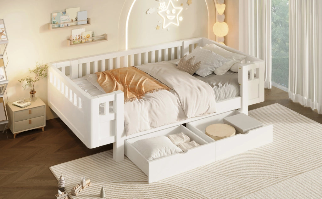 Letto a piattaforma 90x200 cm con sponde alte e due ampi cassetti, bianco