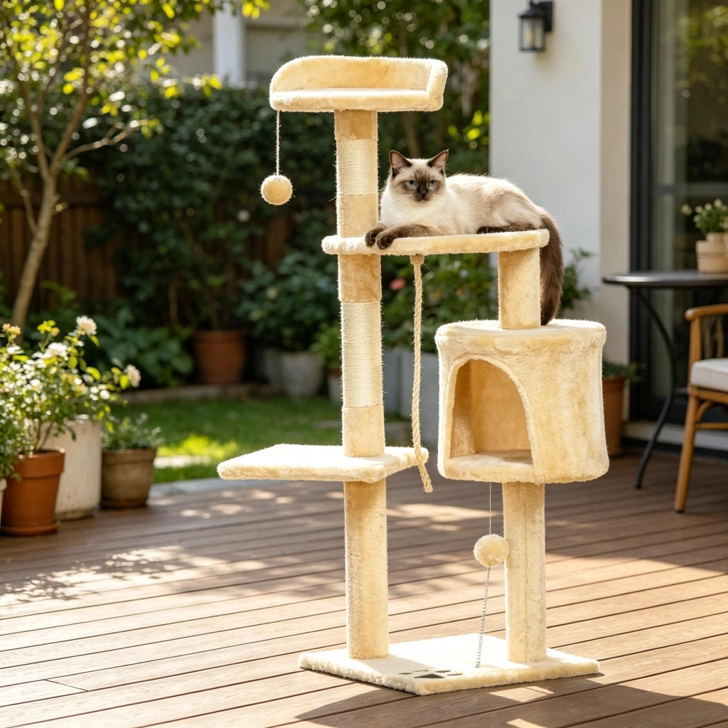 Tiragraffi per gatti a 4 livelli con 3 piattaforme; nicchia sospesa e 3 giochi in peluche beige 40 × 40 × 114 cm