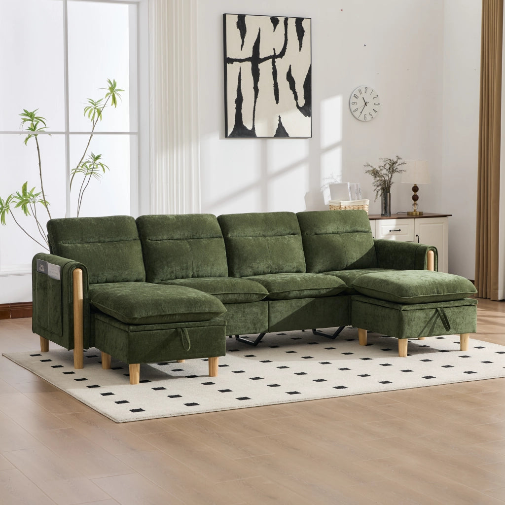 Divano modulare U a 4 posti - con contenitore e cuscini laterali - in chenille verde