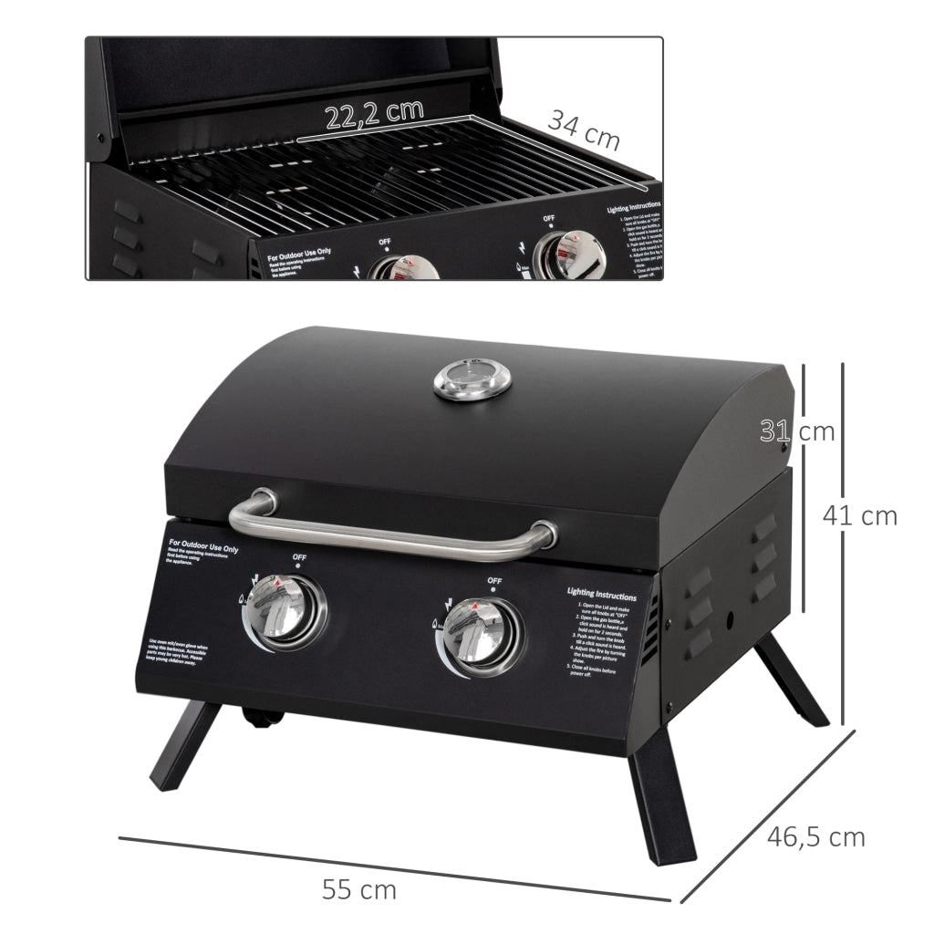 Barbecue a Gas da Tavolo Portatile 2 Bruciatori 5 kW con Piedi Pieghevoli e Termometro per Campeggio e Giardino