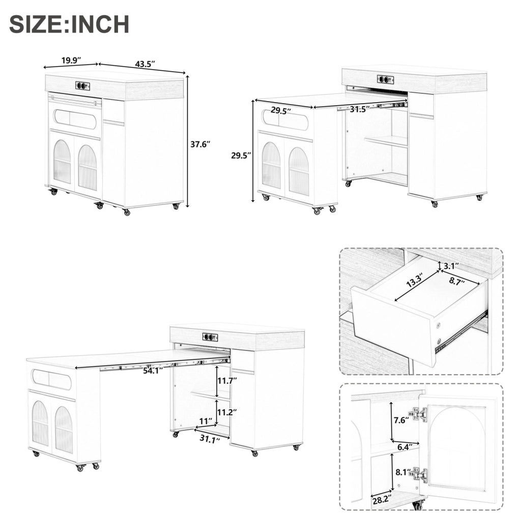 Isola cucina con ruote e tavolo allungabile, mobile con cassetto e prese elettriche, MDF bianco e finiture noce, dimensioni 50,5-187,5×110,5×95,5 cm