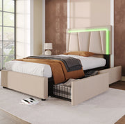 Letto singolo imbottito beige 90x200 cm con LED e materasso