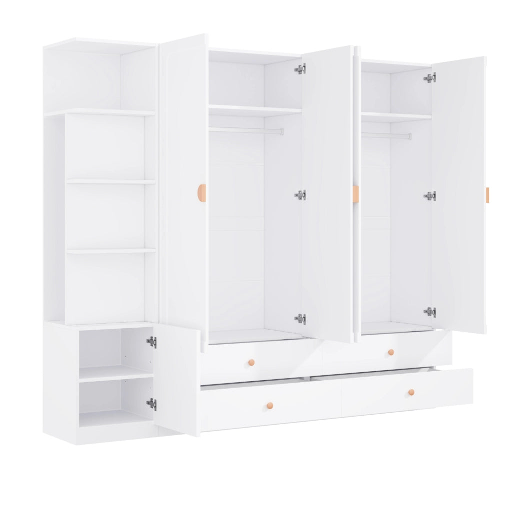 Ampio armadio bianco con 3 tubi appendiabiti, 4 cassetti e design multifunzionale, 200 x 225 x 45 cm