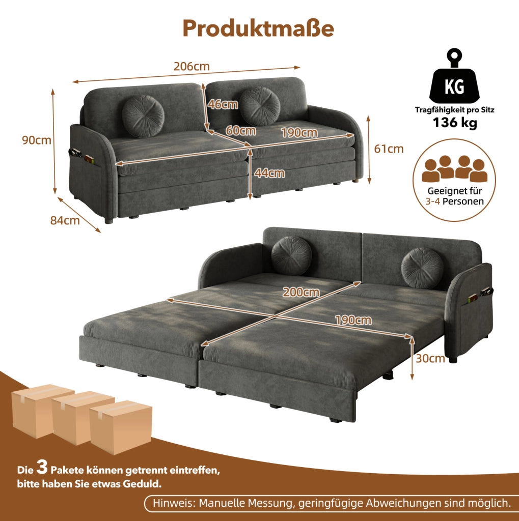 Divano letto estraibile ULEVR 3 in 1 in ciniglia grigio con tasche laterali e cuscini regolabili