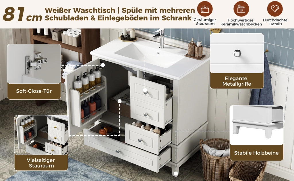 Mobile bagno 81 cm bianco lucido con tre cassetti, anta singola con ripiani e ampio spazio sotto lavabo, lavabo in ceramica incluso