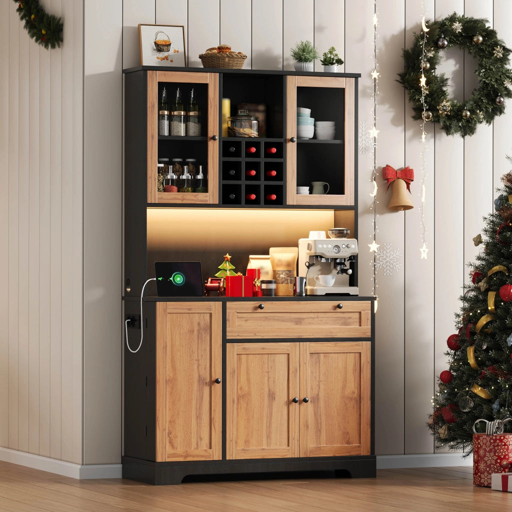 Mobile colonna da cucina con 5 ante; cassetto; ripiani regolabili; LED e prese nero naturale 180 × 105 × 40 cm