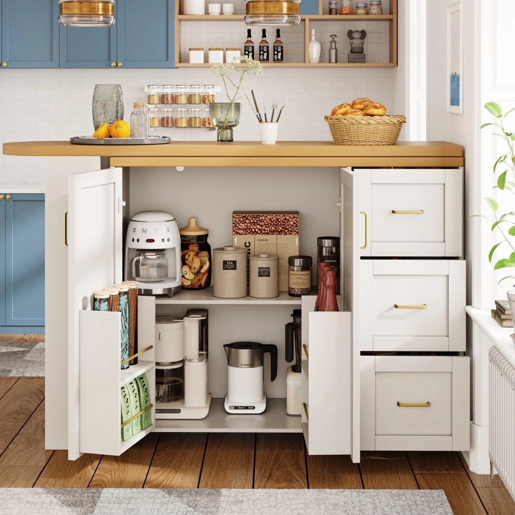 Carrello da cucina allungabile con 2 ante, 3 cassetti e cestello laterale su ruote, MDF bianco, 135-228 × 39 × 104 cm