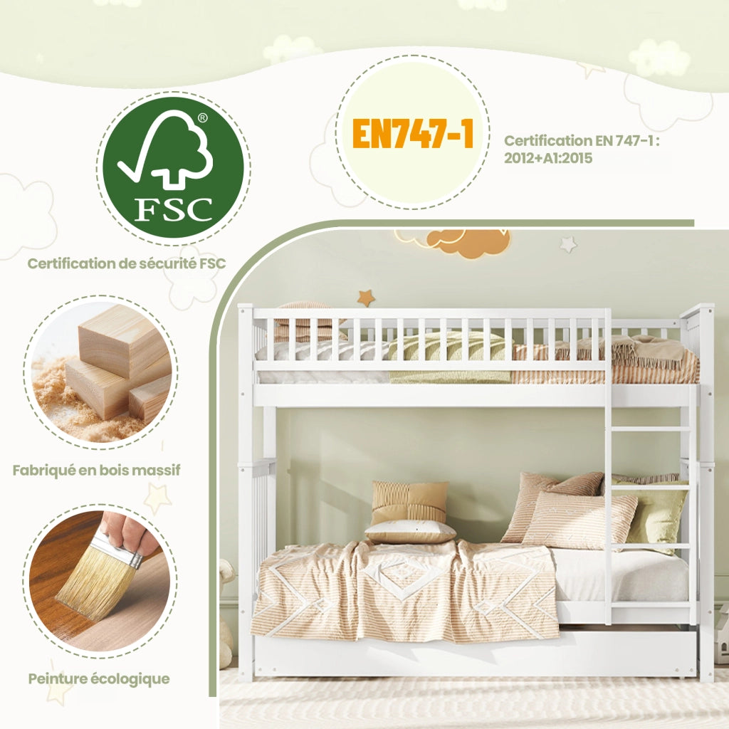 Letto a castello per bambini 90 × 200 cm e 90 × 190 cm, 3 posti con estraibile, senza materasso, bianco