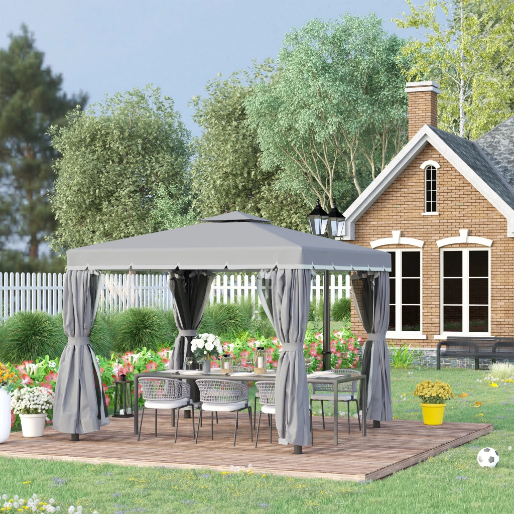 Gazebo da giardino 3 x 3 m con telaio in alluminio, doppio tetto ventilato, tende e zanzariere, grigio scuro