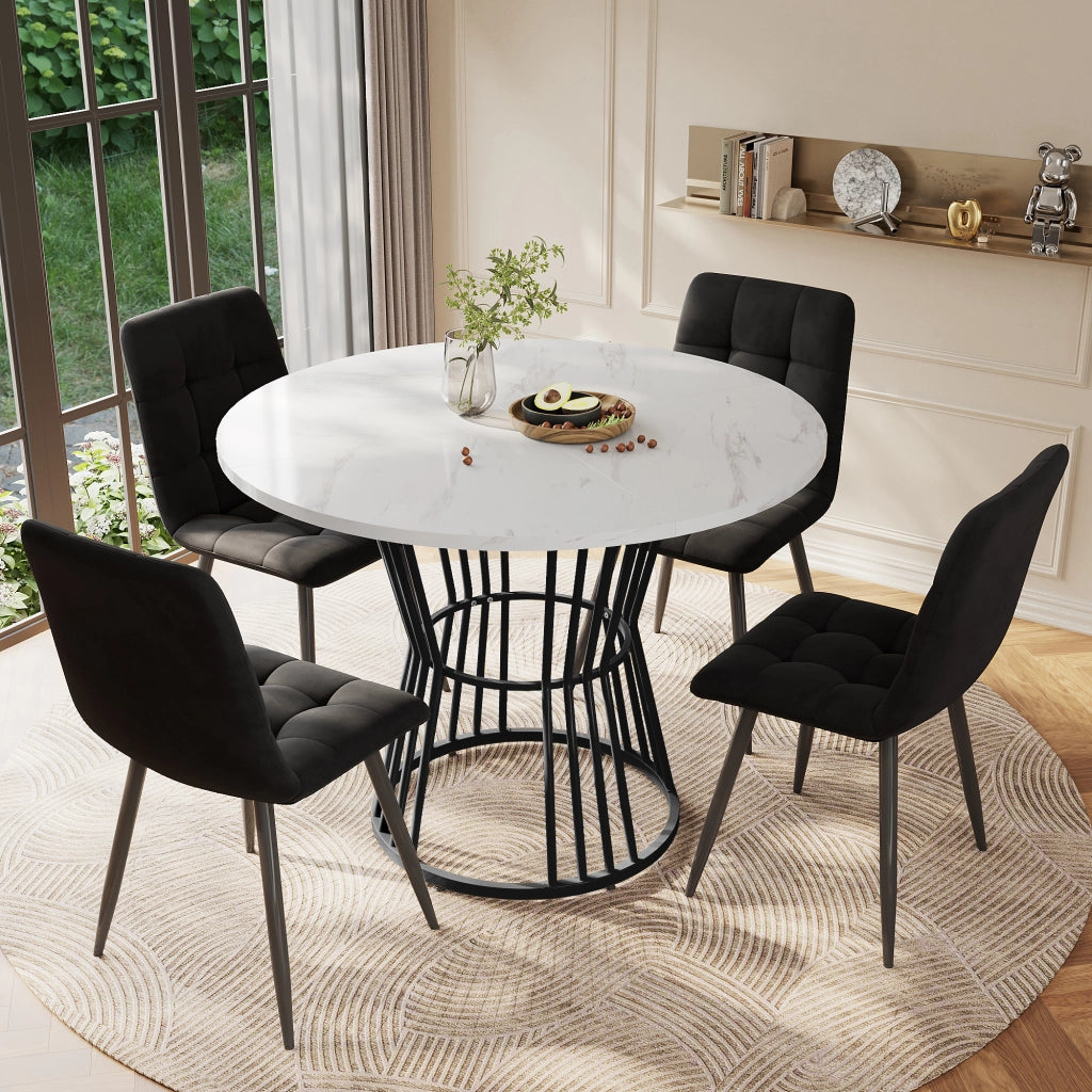 Set tavolo da pranzo rotondo 100 cm, piano MDF bianco e gambe metallo nero, con 4 sedie in velluto nero, 5 pezzi