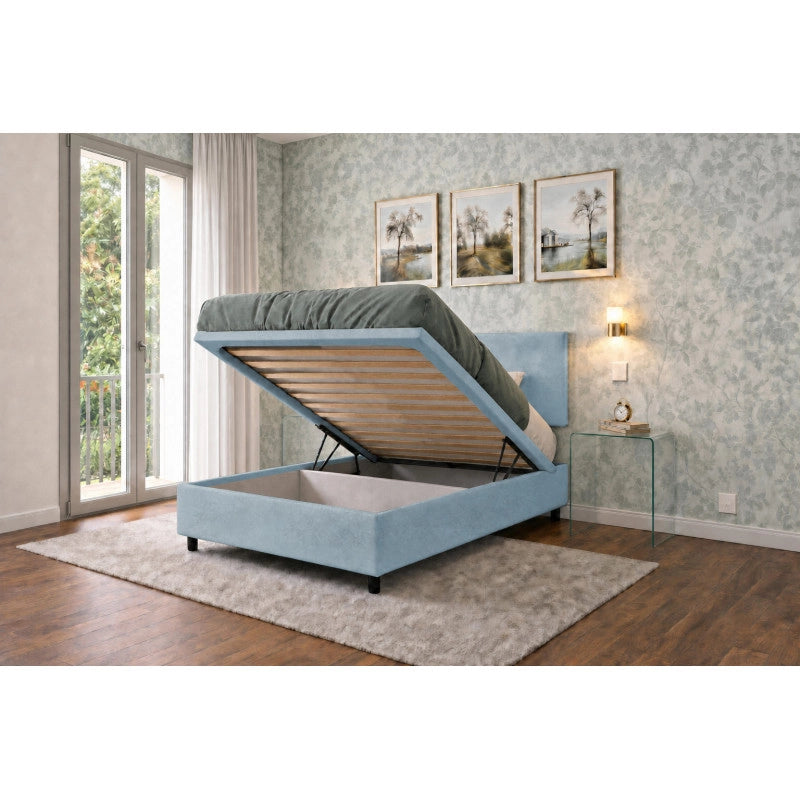 Letto imbottito Singolo 80x190 cm Flat - Contenitore,Microfibra,Azzurro