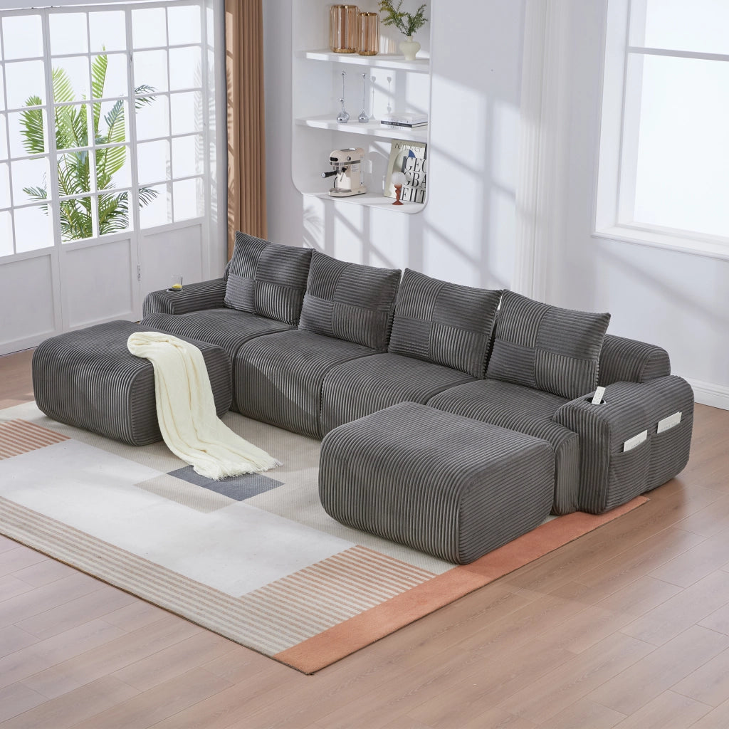 Divano modulare 4 posti con portabicchieri e tasca laterale in corduroy grigio scuro