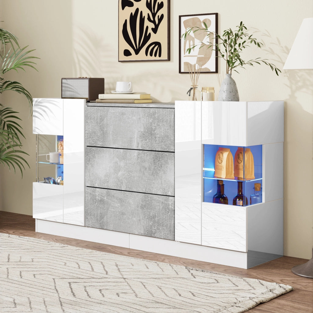 Sideboard elegante con 2 ante, 3 cassetti, finiture bianche lucide e effetto marmo grigio, LED a 16 colori, 140x35x75 cm