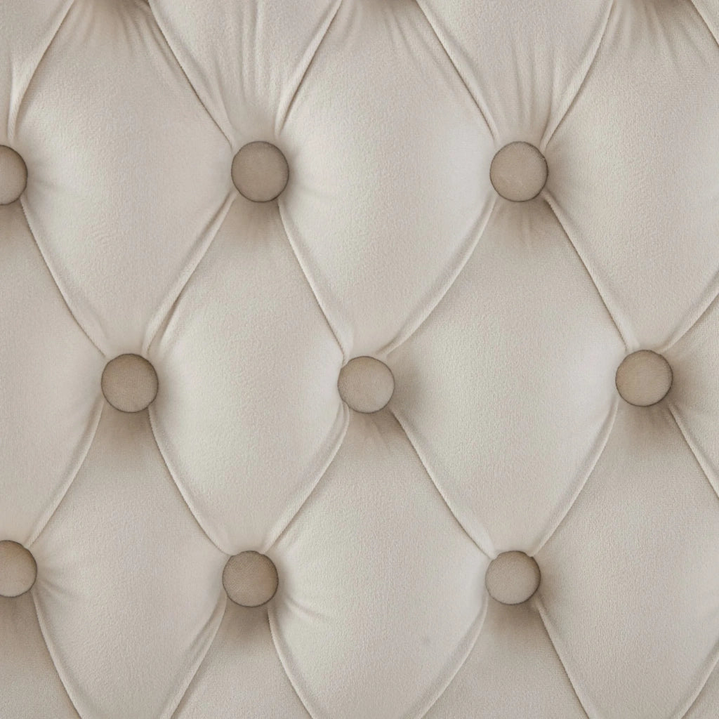 Panca da pranzo imbottita in velluto a coste beige, 2 posti, schienale alto, bottoni artigianali, gambe acciaio dorato, stile moderno, confezione singola