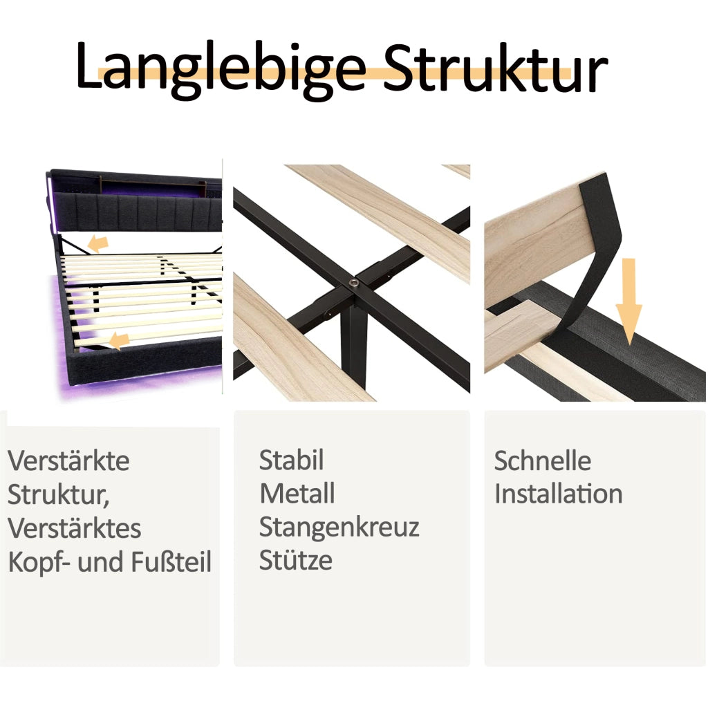 Letto matrimoniale imbottito 160 × 200 cm in lino grigio con LED USB testiera contenitore e rete a doghe