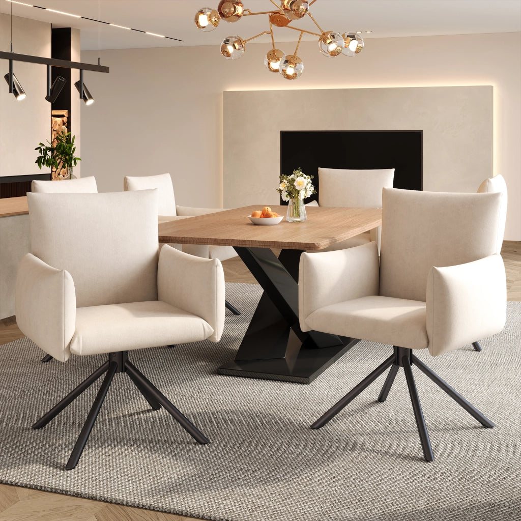 Sedie da pranzo girevoli a 360°, 6 pezzi in velluto beige con braccioli imbottiti e schienale ergonomico