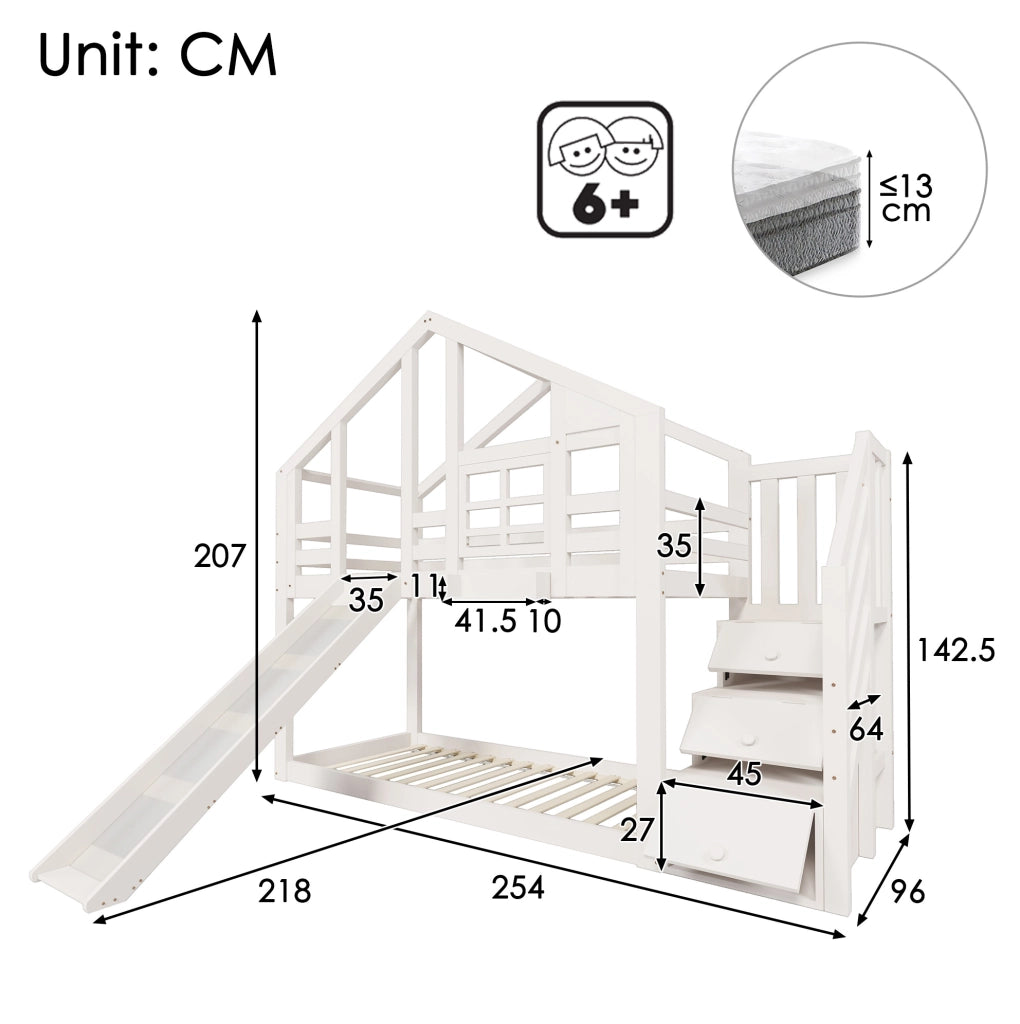 Letto a castello a forma di casetta con scivolo, 90x200 cm, in legno di pino bianco con cassetti e 2 reti a doghe (senza materasso)