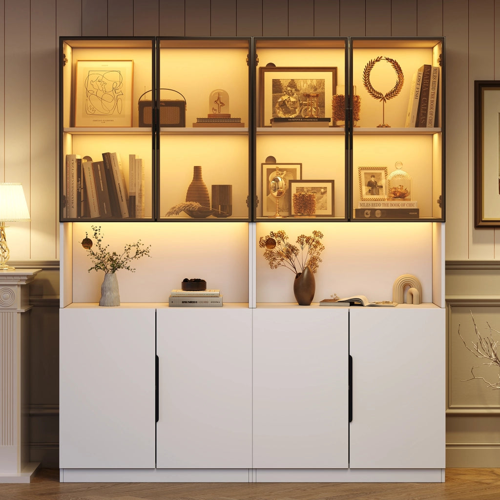 Vetrina con ante in vetro e LED controllata da app in pannello truciolare bianco con vetro temperato 160 × 30 × 200 cm