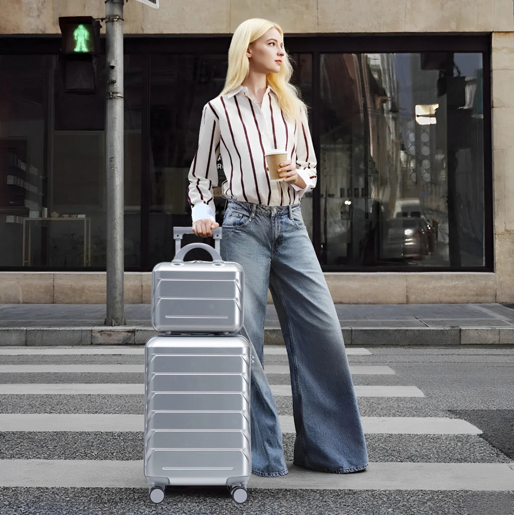 Set Valigie Rigide ABS con Spinner da 14" e 19" con Trolley e Porta Cosmetici Argento