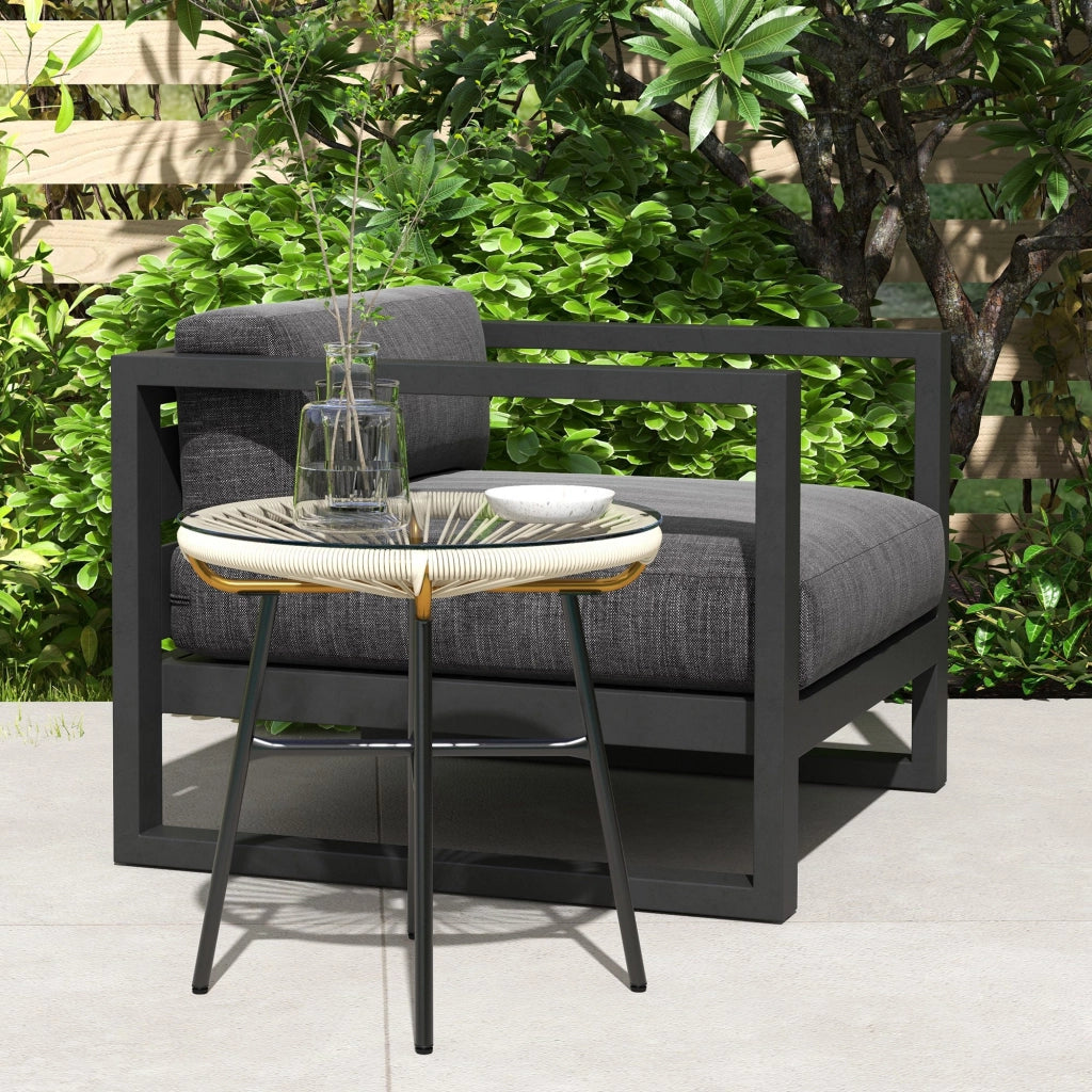 Tavolino da giardino rotondo ¨C zephmum ¨C resina effetto rattan, metallo, piano in vetro temperato, crema, ? 50 x 50 cm