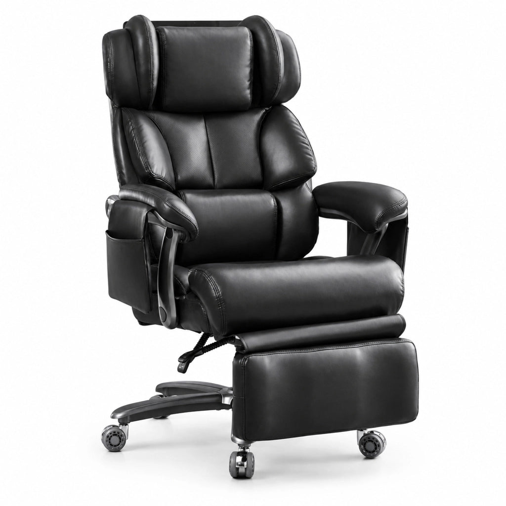 Sedia da ufficio ergonomica con massaggio e riscaldamento, rivestimento in pelle PU marrone, schienale regolabile, poggiapiedi ribaltabile, rotazione 360°, portata fino a 110 kg