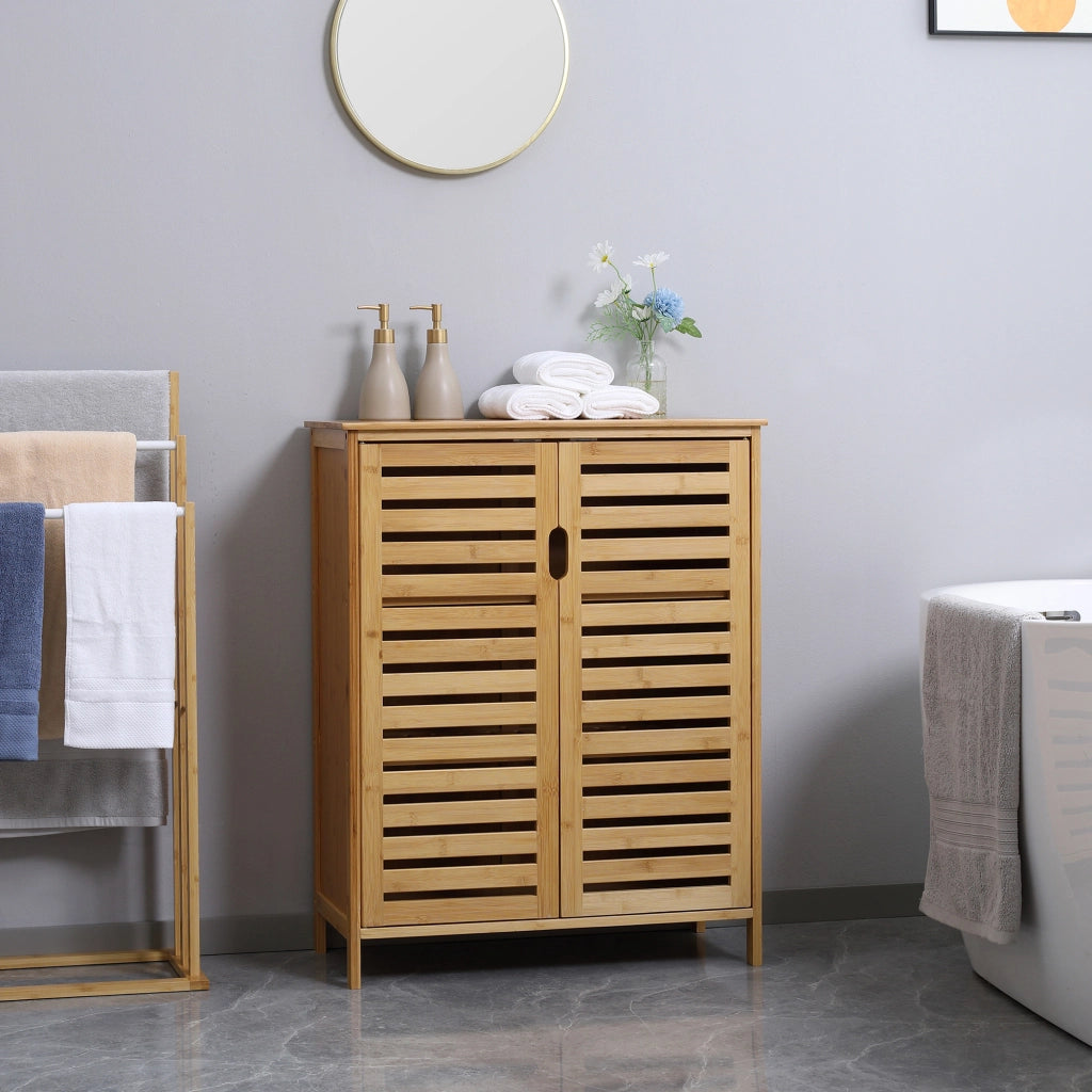EasyComfort Mobile Bagno Moderno a 2 Ante con 2 Ripiani Ventilati in Bambù, 68x32x86 cm, color Legno