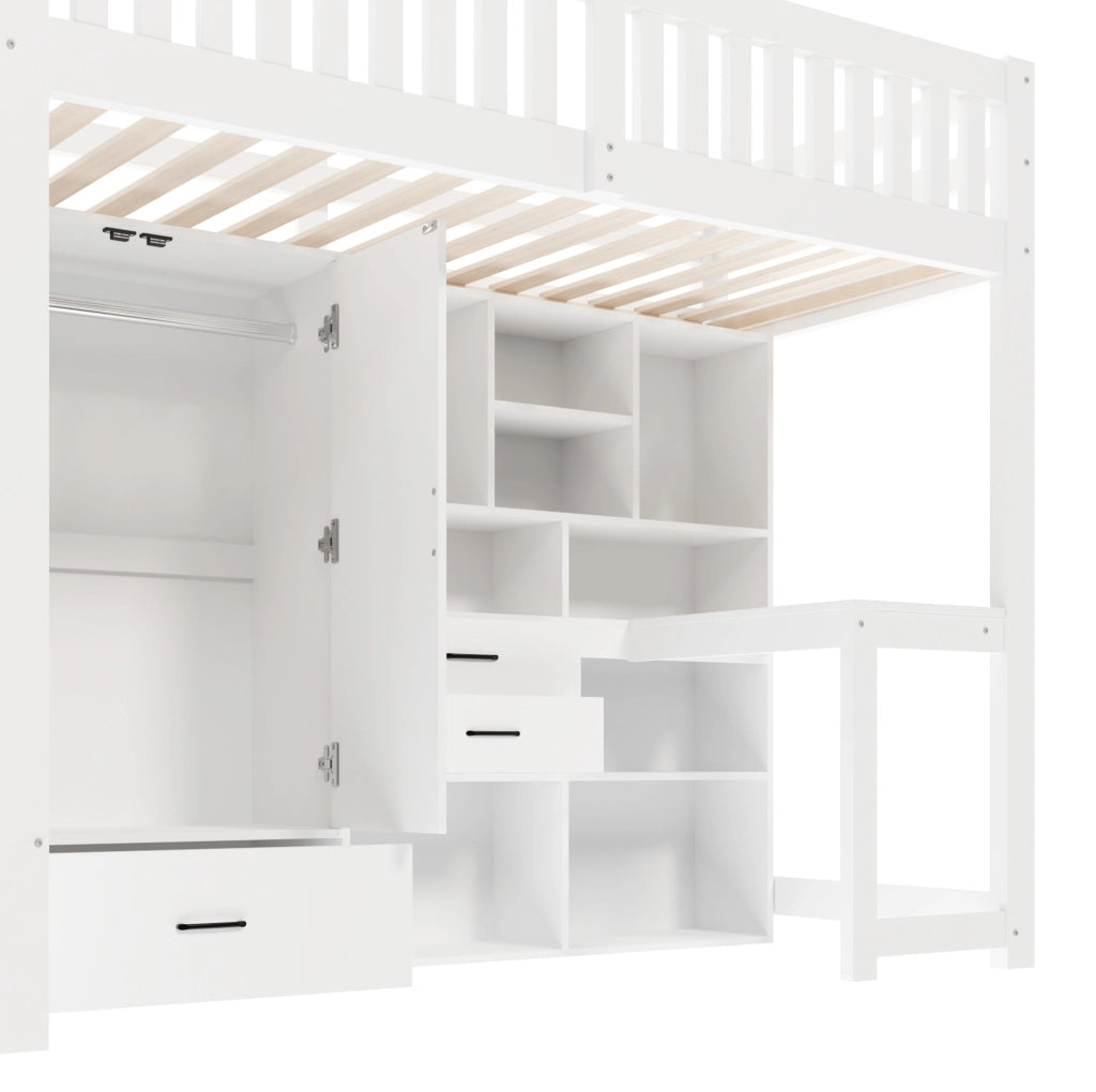 Letto a soppalco 90x200 cm con scrivania; armadio e cassetti bianco HOMVRA