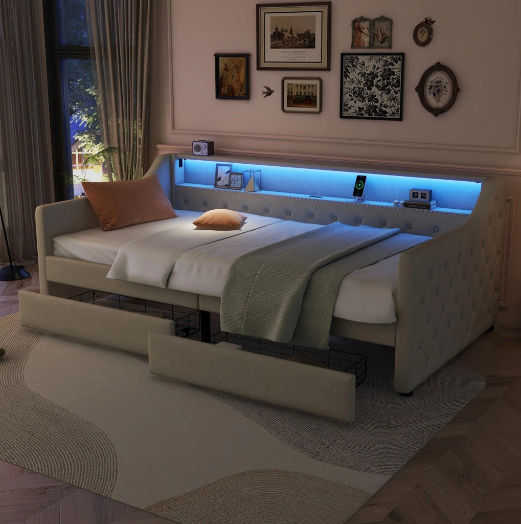 Daybed 90x200 cm con luci LED; USB e 2 cassetti; lino beige
