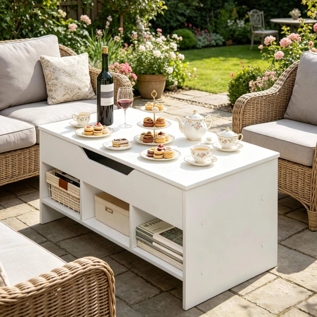 Tavolino Trasformabile Multifunzionale in Legno Bianco 96x45x51 cm con Piano Ribaltabile