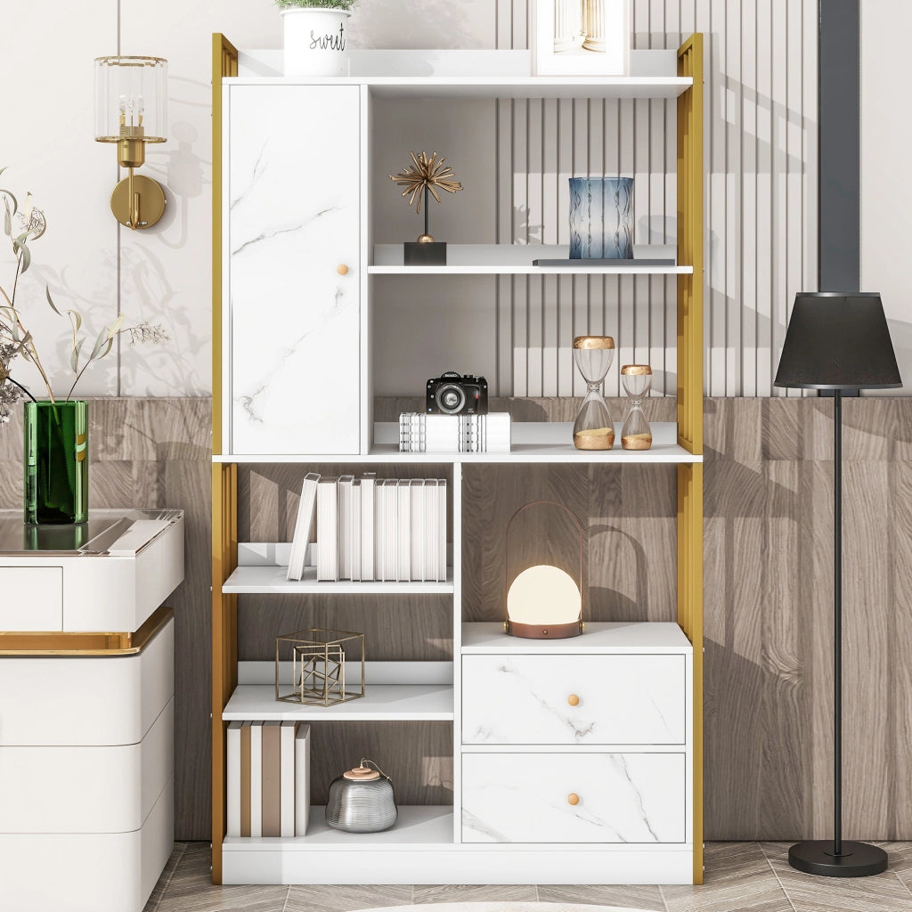 Libreria con ripiani aperti cassetti e vani chiusi in pannello di particelle bianco e oro