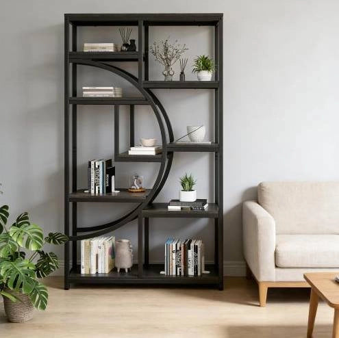 Libreria moderna a 9 ripiani in metallo e legno nero