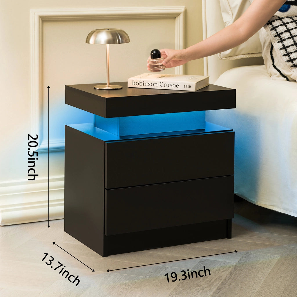 Comodino con 2 cassetti, vano aperto e luci LED regolabili per camera da letto e soggiorno in legno ingegnerizzato nero