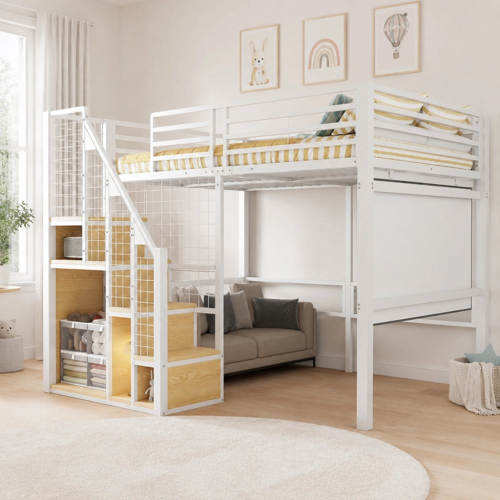 Letto a soppalco 140 × 200 cm con armadio integrato e scala in metallo e MDF