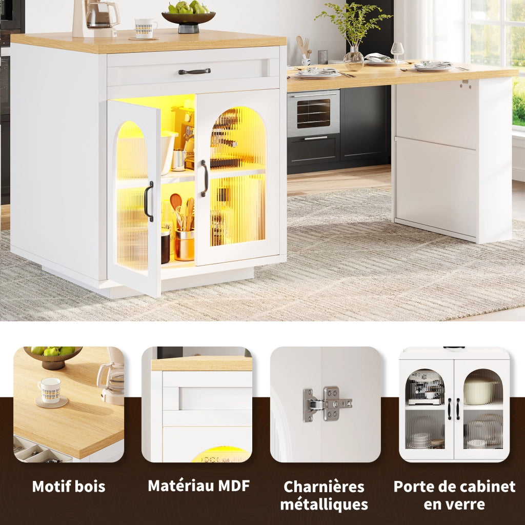 Mobile base da cucina con piano allungabile LED RGB 2 cassetti ante in vetro MDF bianco