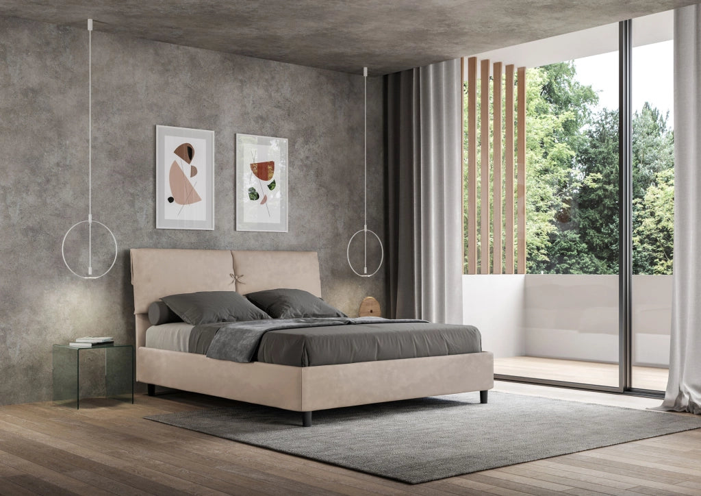 BS COM Letto matrimoniale con rete imbottito 160x210 microfibra sabbia