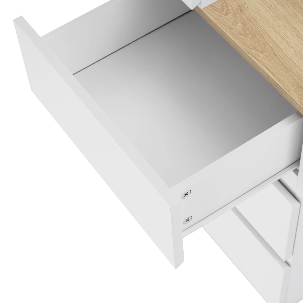 Scrivania con 5 cassetti in pannello E1 effetto quercia e bianco per camera da letto