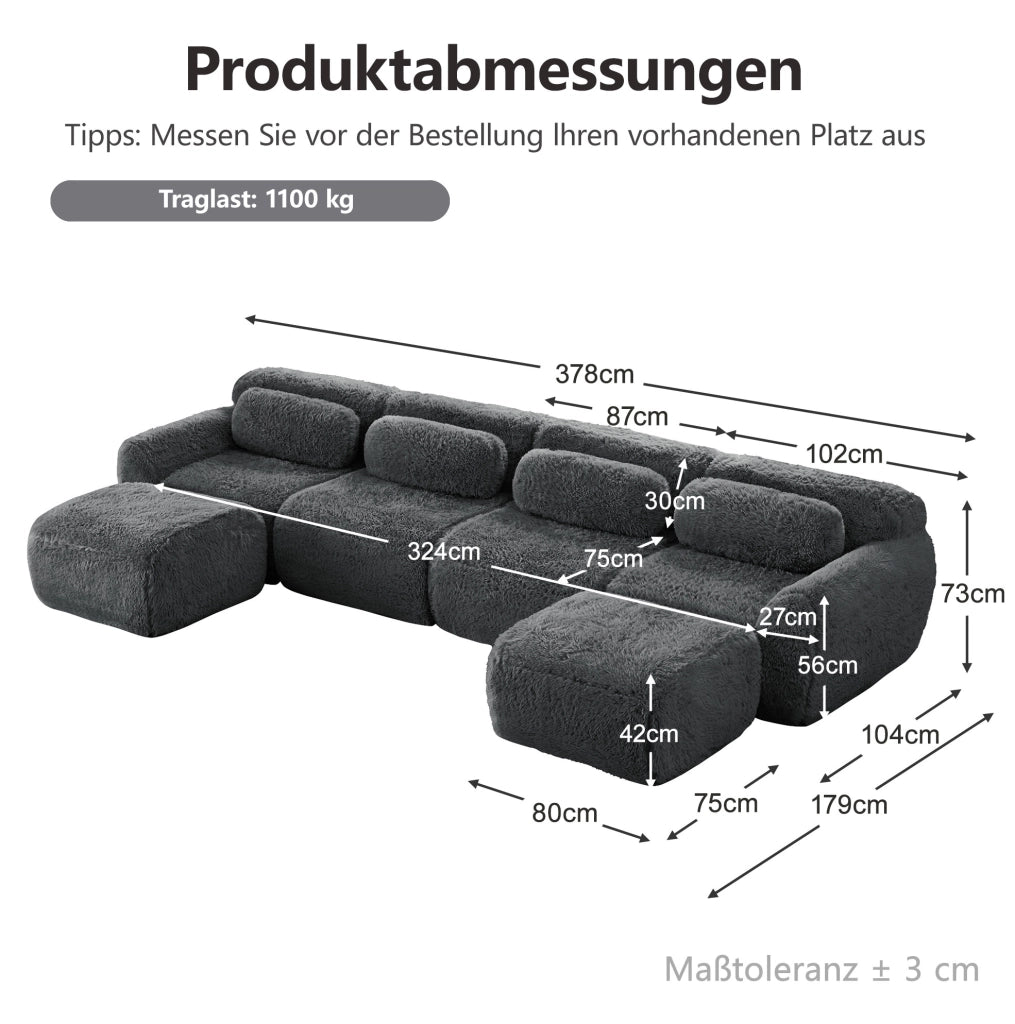 Divano modulare a forma di U in tessuto di peluche grigio, senza montaggio, con base antiscivolo e cuscini