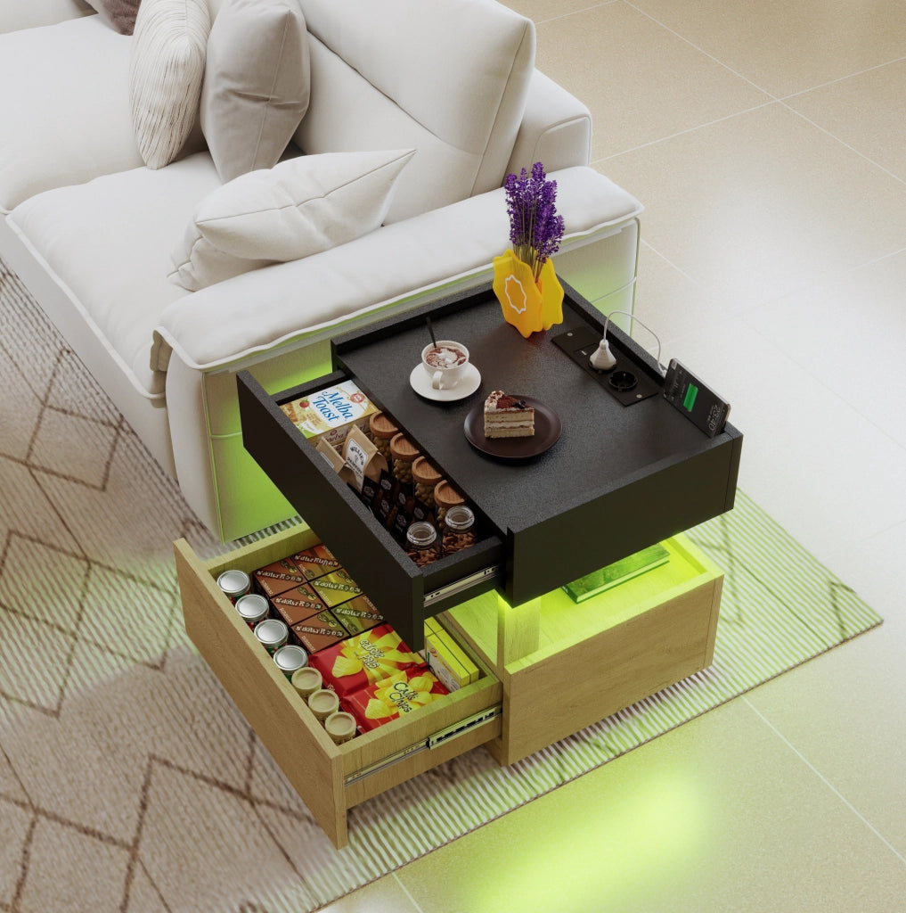 Comodino intelligente con ricarica wireless, luci LED ambientali, porte USB e due cassetti - nero e legno naturale, 50x40x50 cm