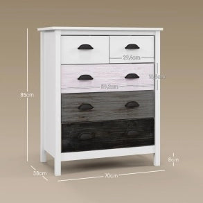 Cassettiera bianca con 5 cassetti e dispositivo anti-ribaltamento 70x38x85 cm per soggiorno e camera da letto