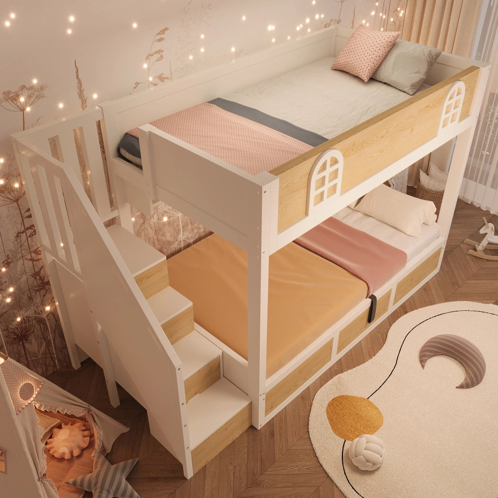 Letto a castello due posti 90 × 200 cm con scala contenitore e vano sollevabile in legno e metallo bianco naturale